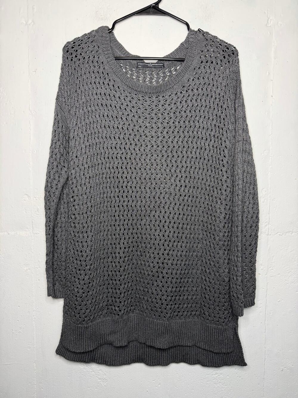 Peruvian Connection Sweater Open Knit Crochet Gray Women's Size Small